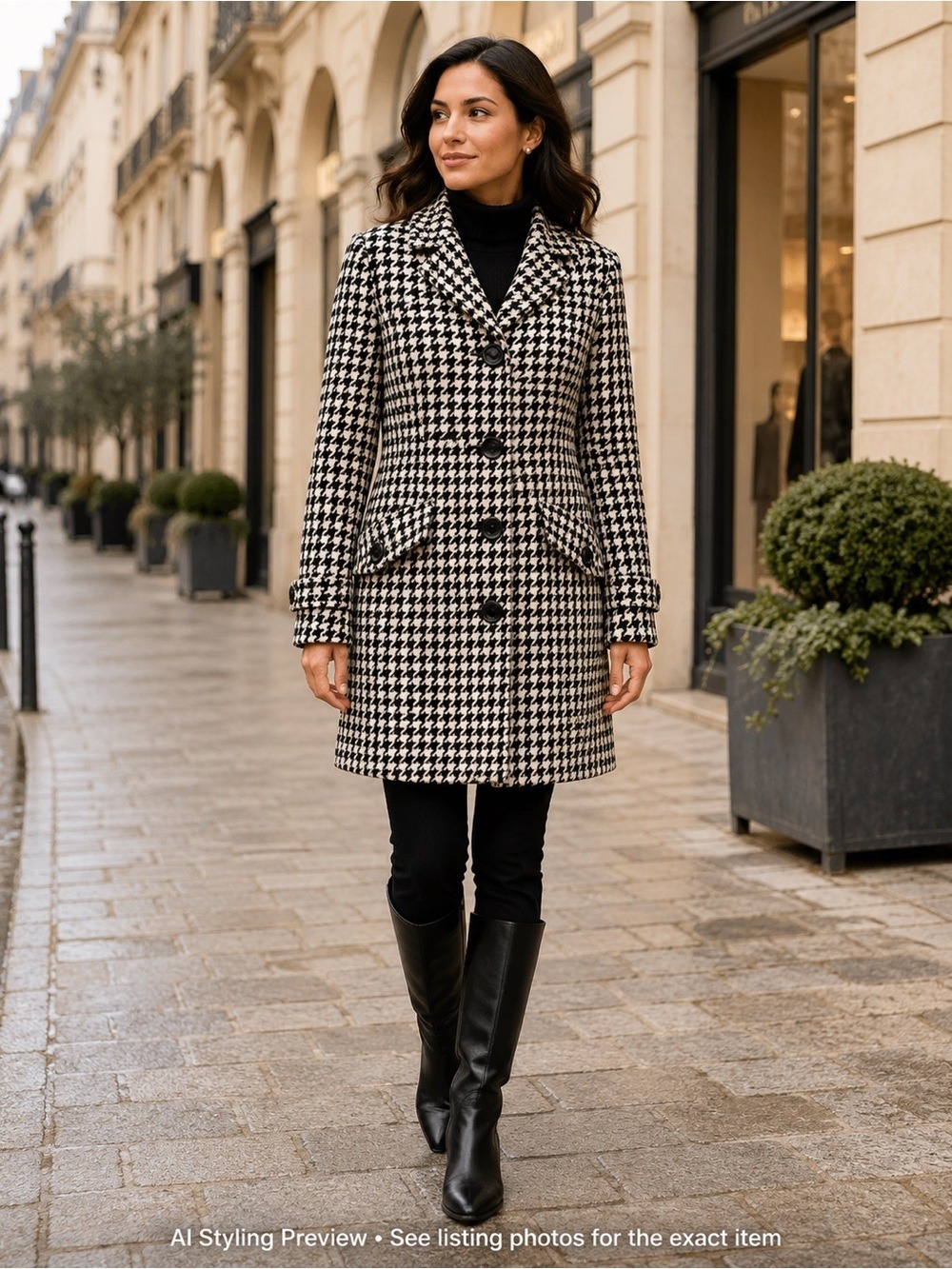 Wool Blend Houndstooth Car Coat Womens Small Black Ivory Classic